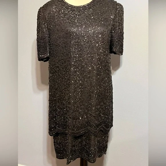 1980S LAURENCE KAZAR BLACK SILK
SEQUIN DRESS size Large - Picture 1 of 14